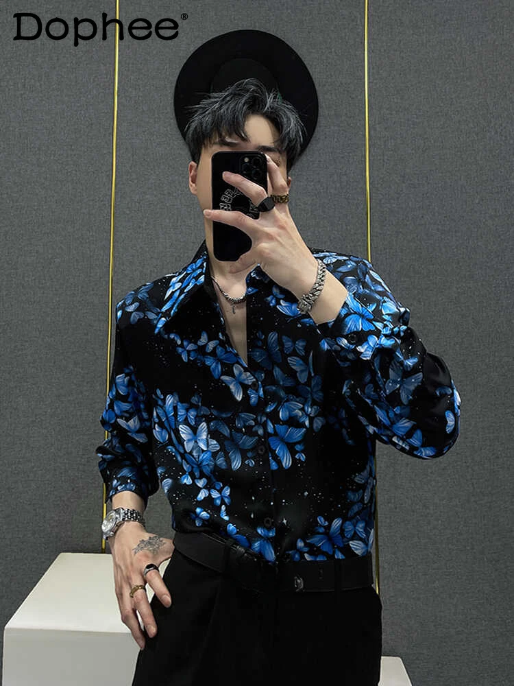 

2024 Summer New Fashion Shirts Men's Printed Shirt Handsome Male Padded Shoulder Loose Long Sleeve Skin-Friendly Breathable Tops