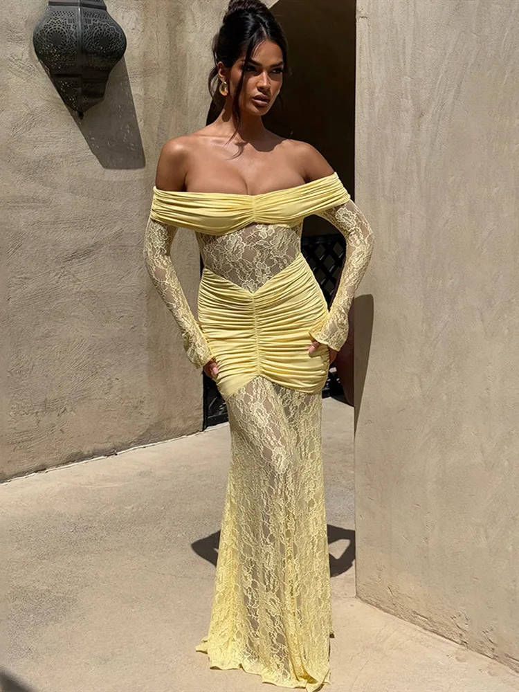 Absobe Robe longue en dentelle transparente pour femme, épaules dénudées, sexy, froncée, manches longues, dos nu, ligne a, Slim, tenue de fête