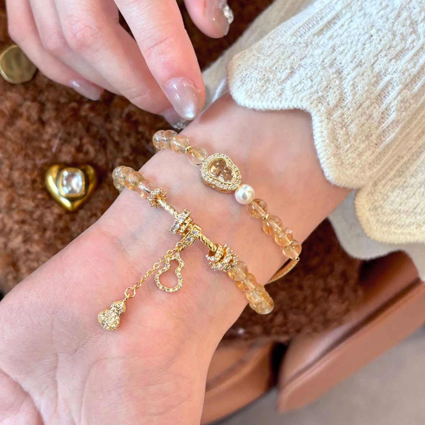 2 Pcs Chinese Style Lucky Citrine Gourd Bracelet Set For Women 18k Gold Plated Inlaid Shiny Zircon Good Fortune Wealth Blessing