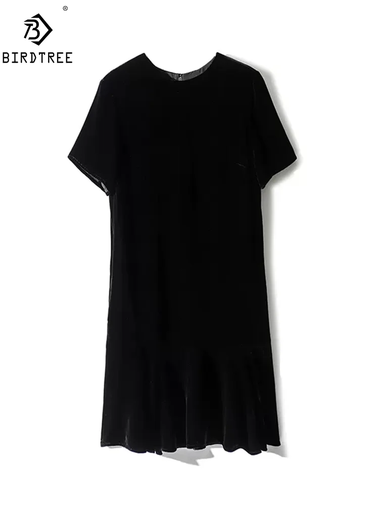 BirdTree, Natural Silk Velvet Elegant Dress, Women Short Sleeve O Neck Black, French Fashion Dresses, 2024 Summer Fall D46992QM