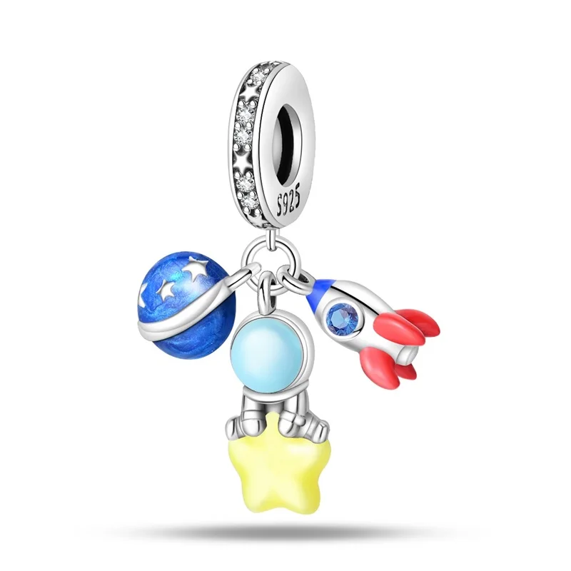 925 Sterling Silver Charms Bead Space Travel Astronaut Spacecraft Dangle Fit Original Bracelet DIY Women Jewelry Gift
