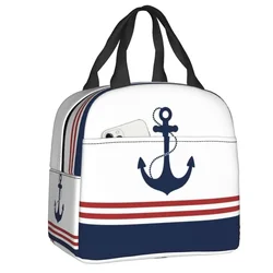 Borsa da pranzo isolata a strisce di ancoraggio blu Navy nautico per borsa termica per ufficio scolastico borsa termica per contenitori per alimenti da donna