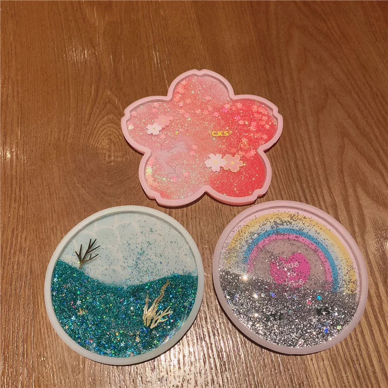 Creative Round Quicksand Drink Coasters with Package Silicone Anti-Slip Heat Resistant Pad Table Mat