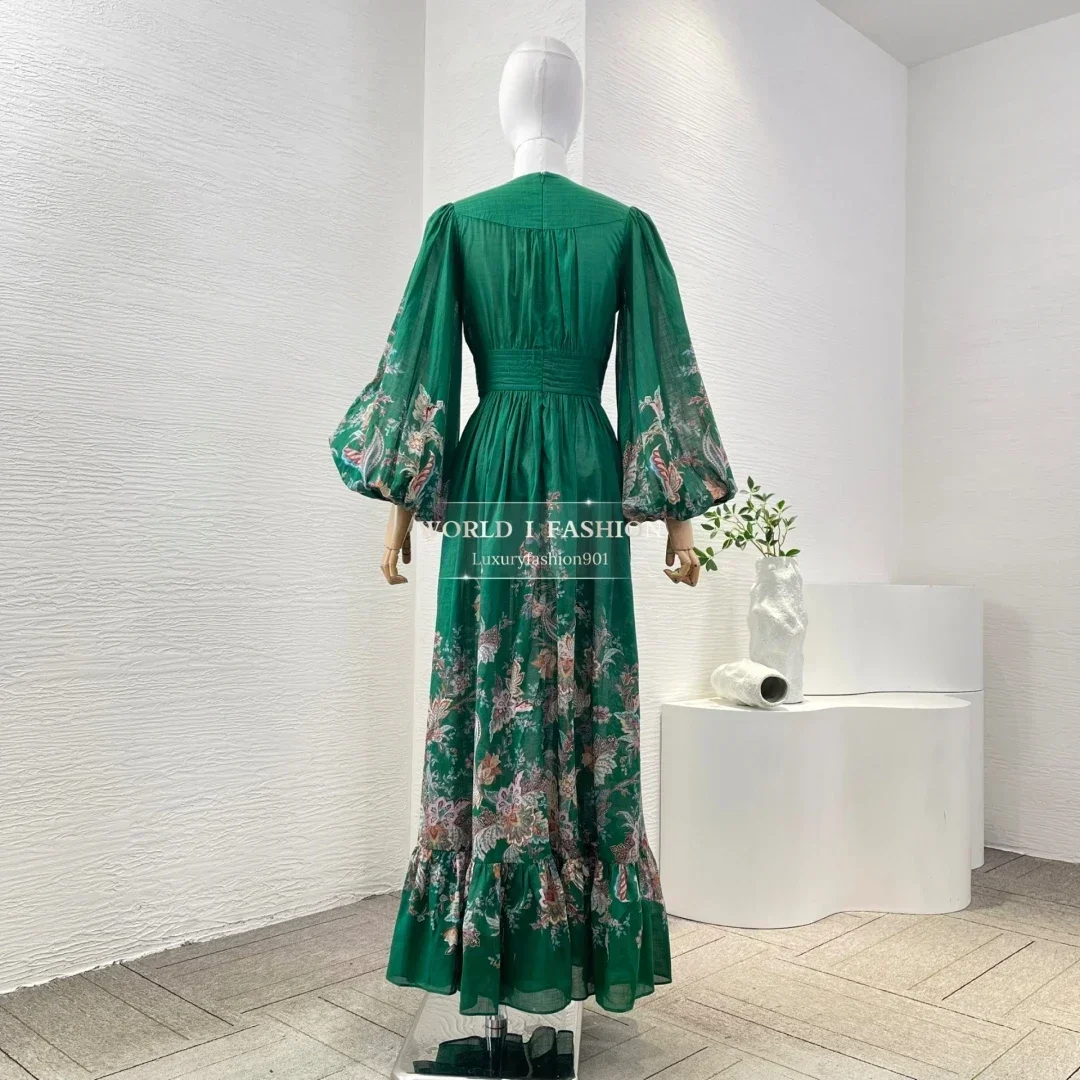 

2025 New High Quality Cotton Long Sleeve Dark Green Floral Print V-neck Midi Dress for Holiday