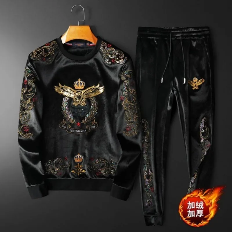 Men's Clothing Winter fleece-lined Thickened Round Neck Casual suit Embroidery Crown Eagle Print Two-piece Set