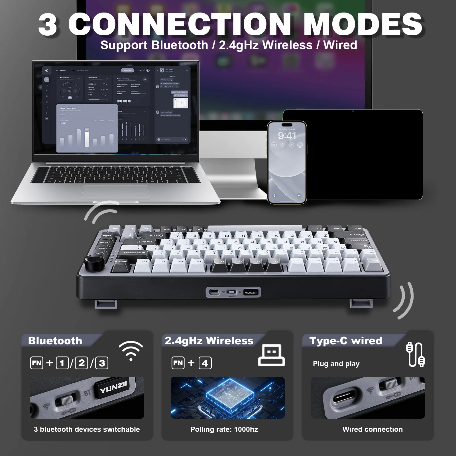 YUNZII B75 PRO ダークグレーワイヤレスメカニカルキーボード、75