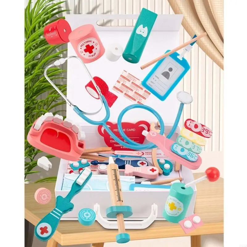 F62D Early Education Tandarts Tools Wooden Tandarts speelgoed Doctor Gadgets Doctor Tandarts Girl Real Stethoscoop Set