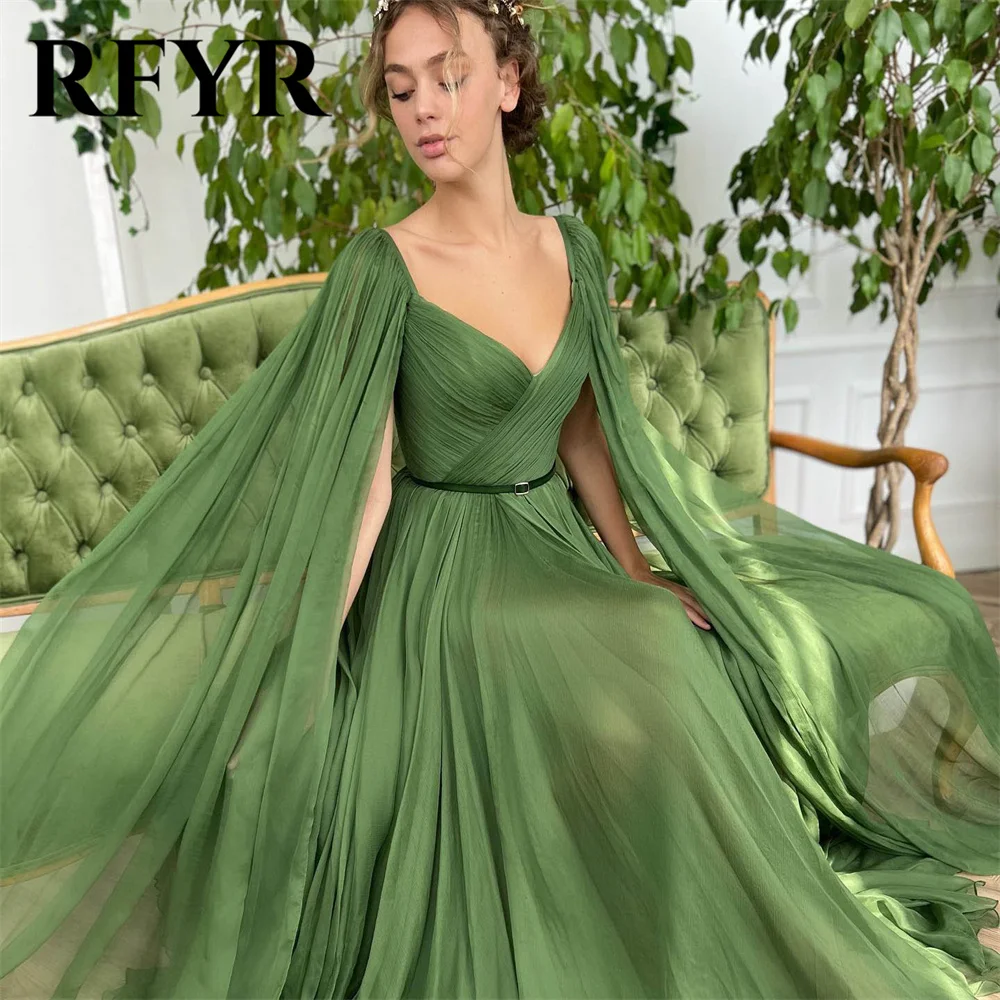 RFYR Green Chiffion Elegant Wedding Party Dress Pleat Celebrity Dresses V Neck Special Occasion Dresses with Belt robes du soir