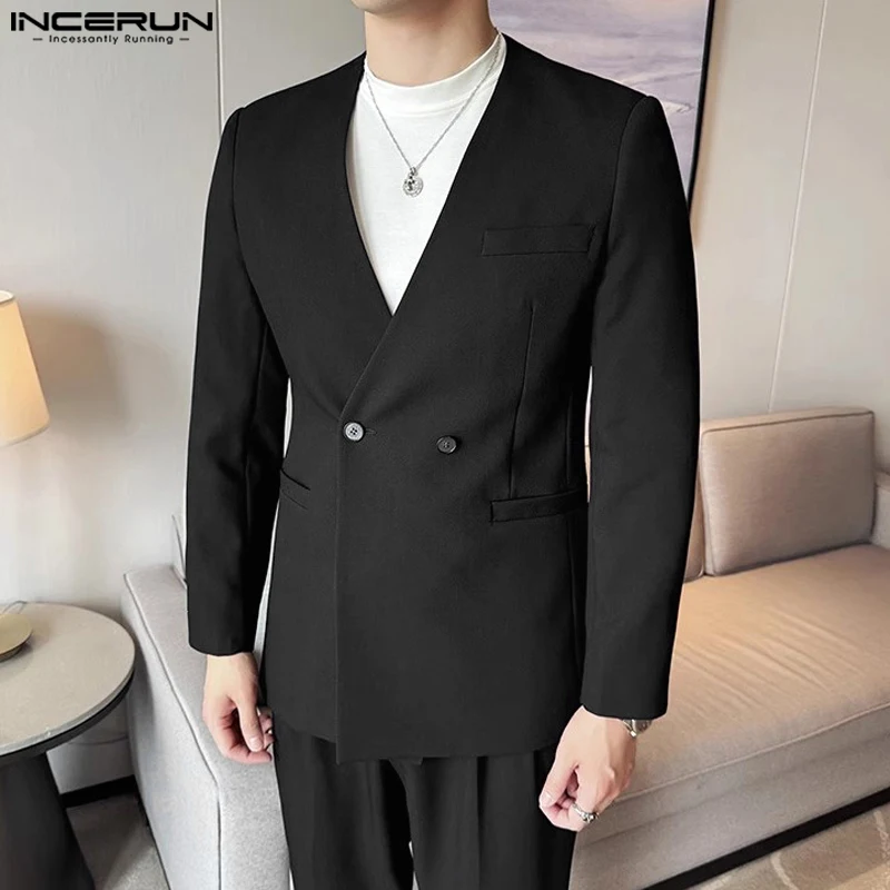 Men Sexy Solid Color Tops INCERUN Casual Long Sleeve Blazer Bottun Pocket Elegant Suits 2024 Korean Fashion V-neck Coats S-5XL