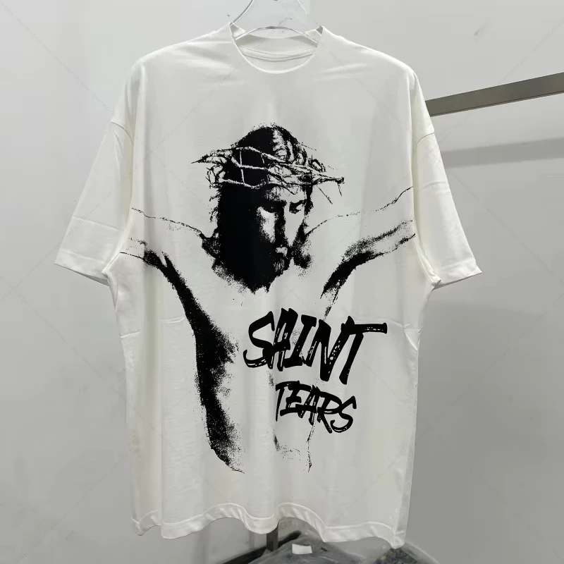 Streetwear Vintage Washed Black Character Graphics Women Print Saint Tears T-Shirt Summer Oversized Tee Tops Cotton T Shirt Men