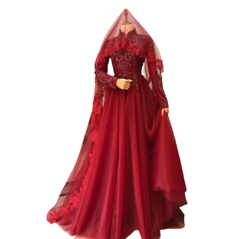 Vestido de novia musulmán rojo oscuro clásico, vestido de novia de manga larga con cuello alto, Apliques de encaje con cuentas, ropa Formal personalizada para mujer