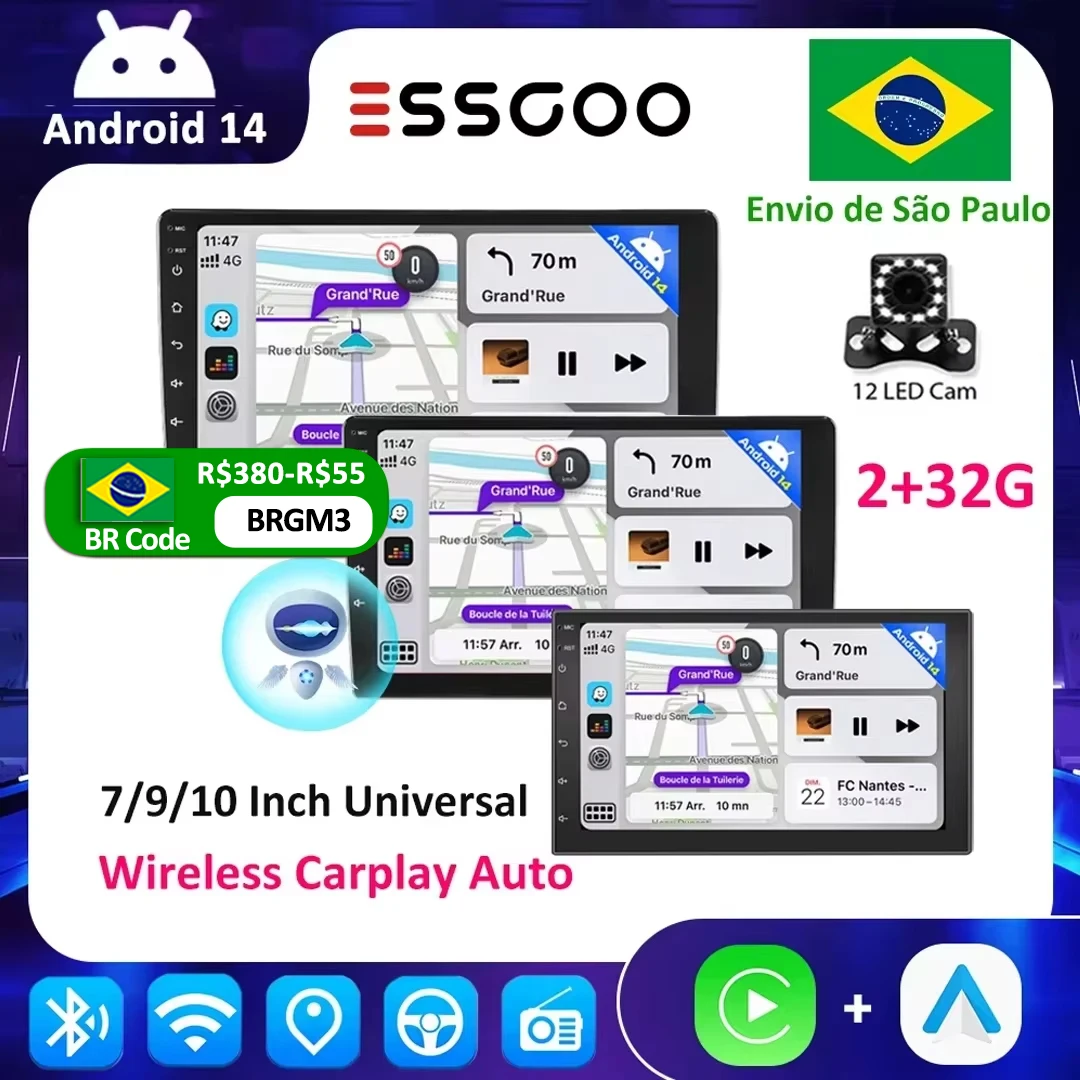 ESSGOO Android 14 Rádio Carro Carplay 7-10 polegadas