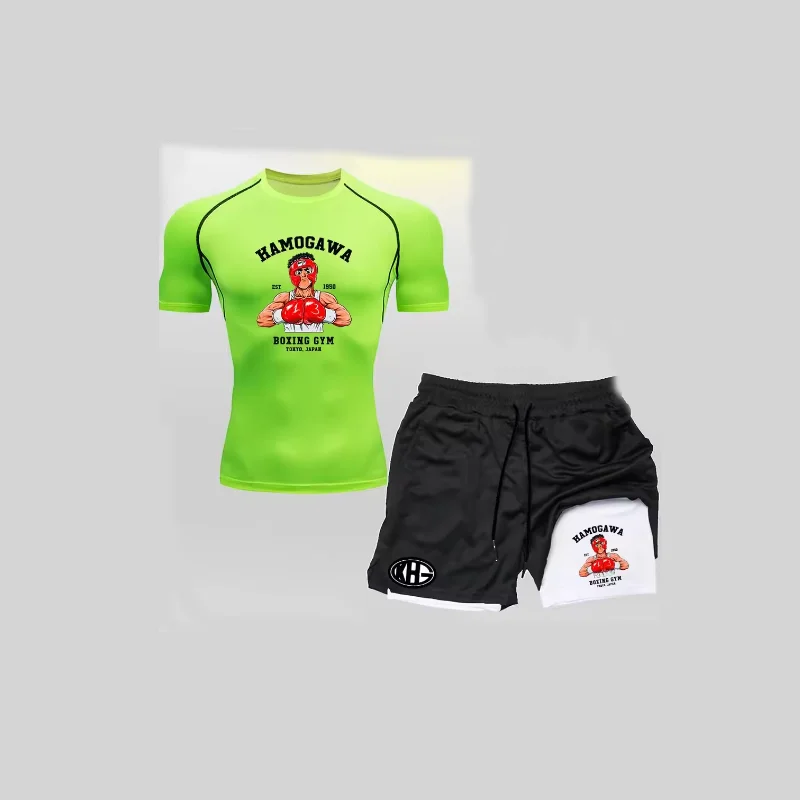 Anime 2 in 1 Shorts Mannen Sport Pak Rashguard Running T-shirt Boksen Gym Sets Training Muay Thai Doubie Dek MMA Fightwear