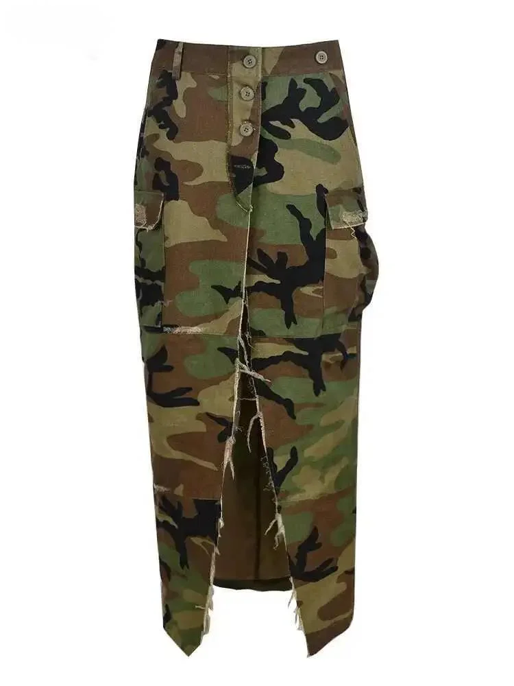 Fashion Women's Camouflage Skirts Single Breasted Elastic Pockets High Split Tassel Skirts Summer 2026 New 17A5IHI