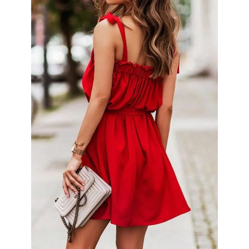 YQ1-فستان نسائي مثير بدون أكتاف بدون أكمام ربيع جديد عالي الخصر مكشكش فستان بحزام #2