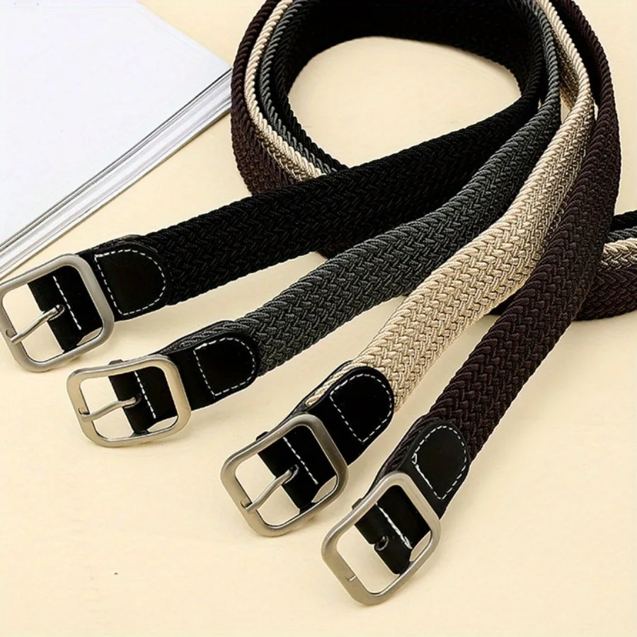 Stretch woven unisex jeans with casual canvas belt for men and square buckle belt for women