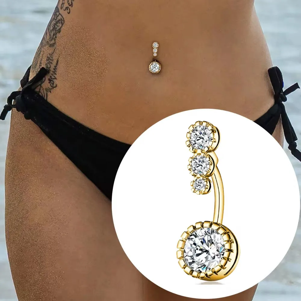 Gold Color 4 Crystals Navel Piercing Nombril Belly Button Ring 14G Curved Drop Dangle Belly Body Jewelry Stainless Steel Barbell