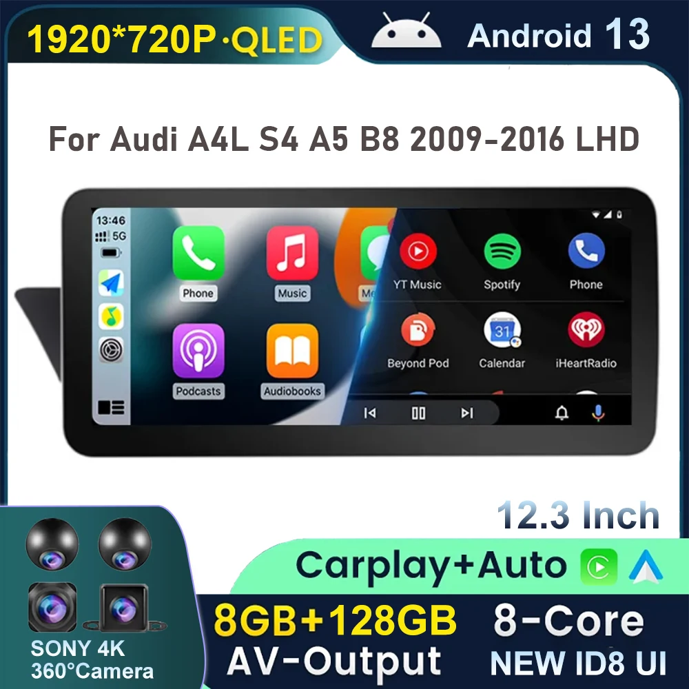 

12.3" Android 13 Radio1920*720P 8 Core Car Multimedia Player For Audi A4L S4 A5 B8 2009-2016 Carplay Auto WIFI 4G GPS Navigation