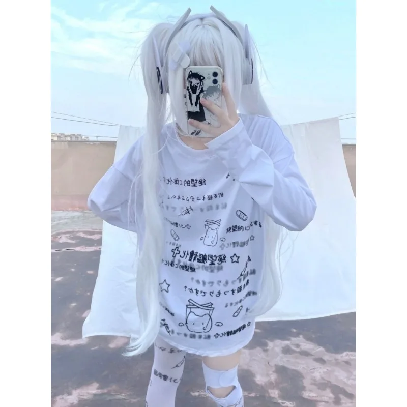 Y2k women clothing arcane Long-sleeved T-shirt Spring Subculture Loose Harajuku 2024 Tops Cartoon Print Casual Simple Shirts