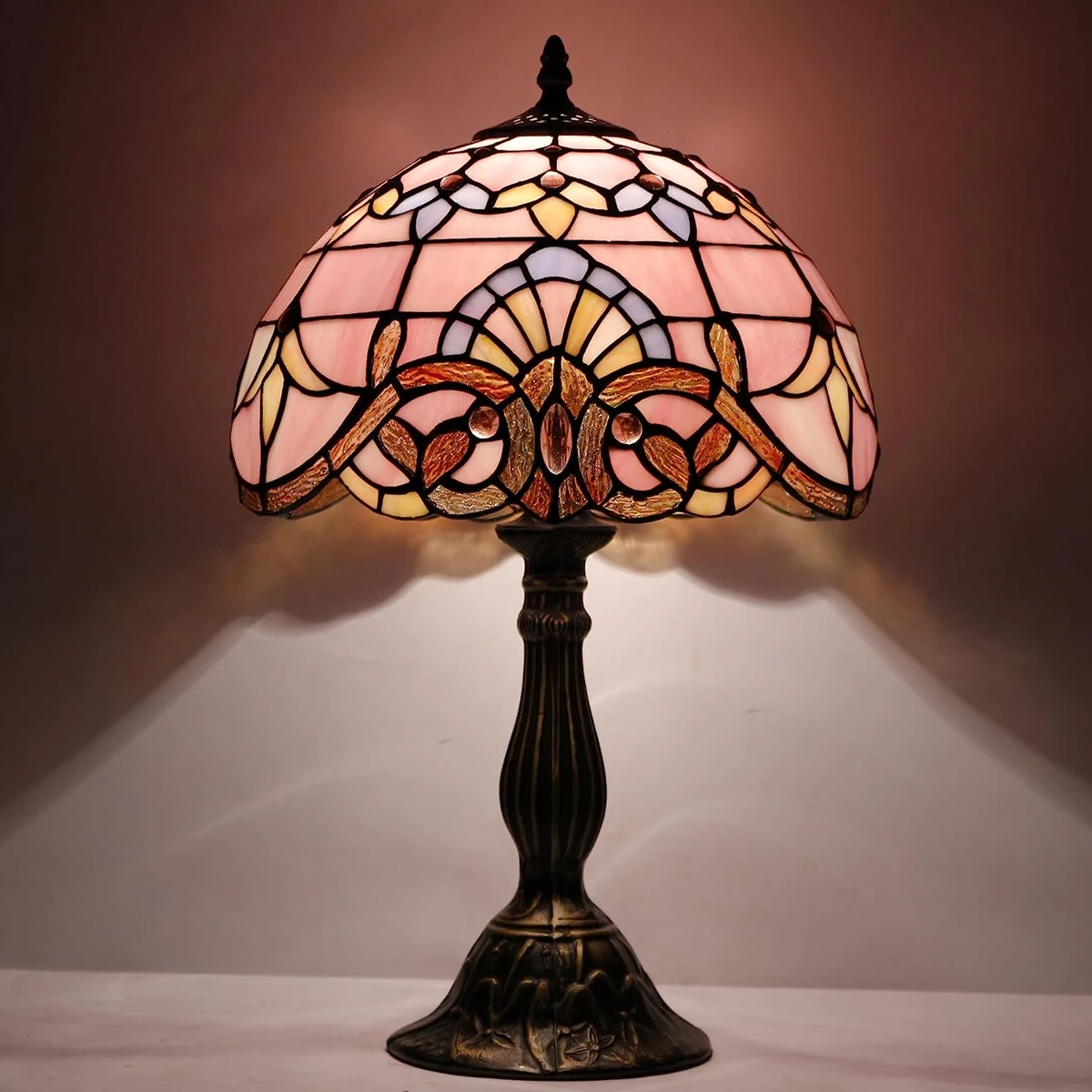 

WERFACTORY Tiffany Lamp Stained Glass Table Lamp 12X12X18 Inch Pink Baroque Style