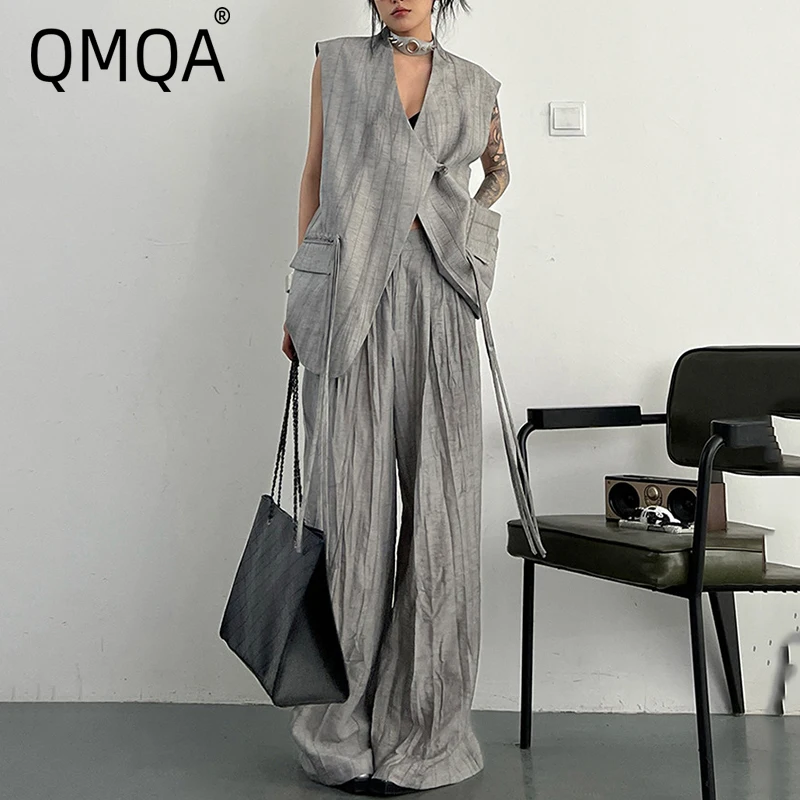 

QMQA Fashion Women's Gray Texture 2 Piece Set Lace-up V-collar Sleeveless Vest Top Wide Leg Pants Sets 2025 Summer New QM518