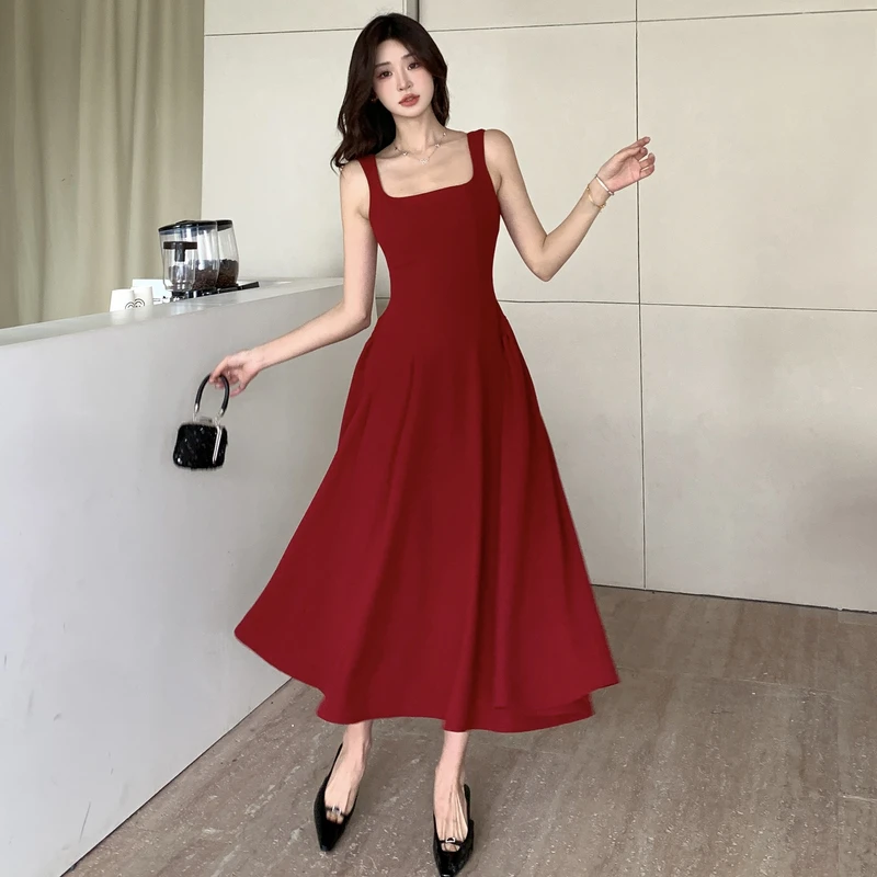 

Red U Neck Halter Dress Women 2024 New French Niche Premium Sense a Swing Long Dresses