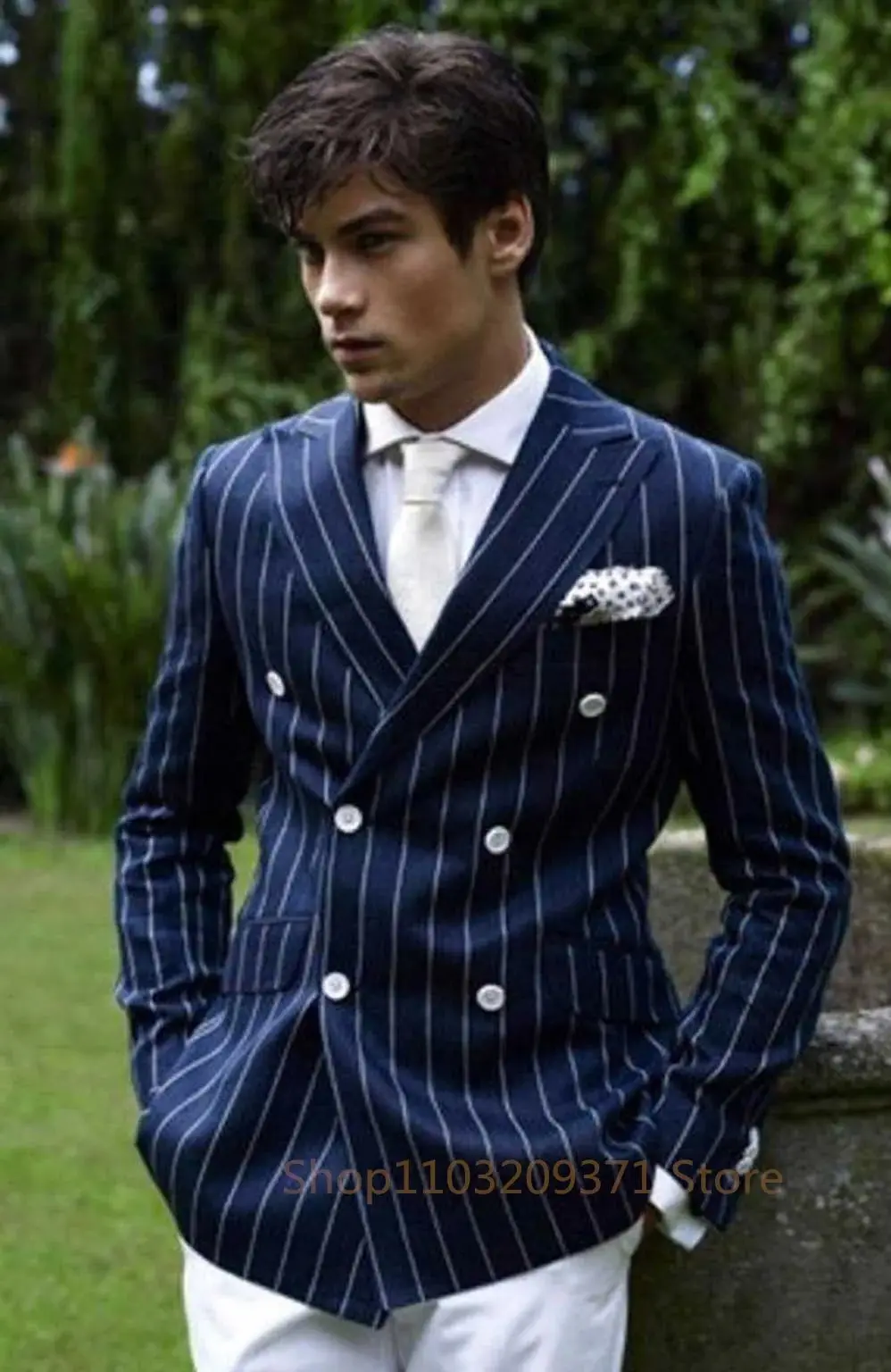 Handsome Business Navy Striped Double Breasted Blazer Wedding Groom Suit Peaked Lapel Tuxedo For Men Wedding Suits Prom Jacket