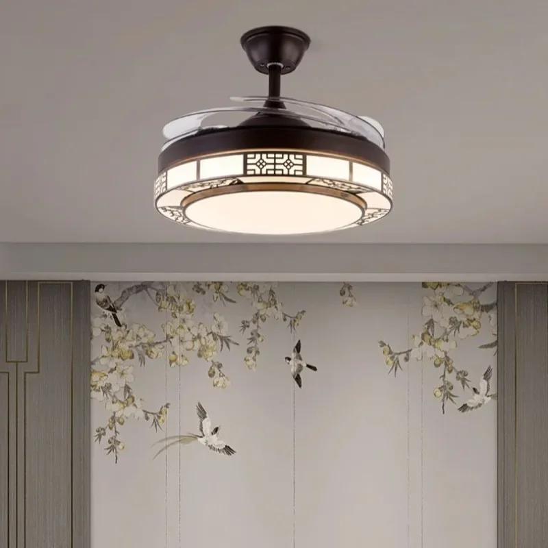 Novo estilo moderno ventilador de teto chinês com luzes sala jantar sala estar quarto ventilador elétrico luz pingente 48 polegadas 48w
