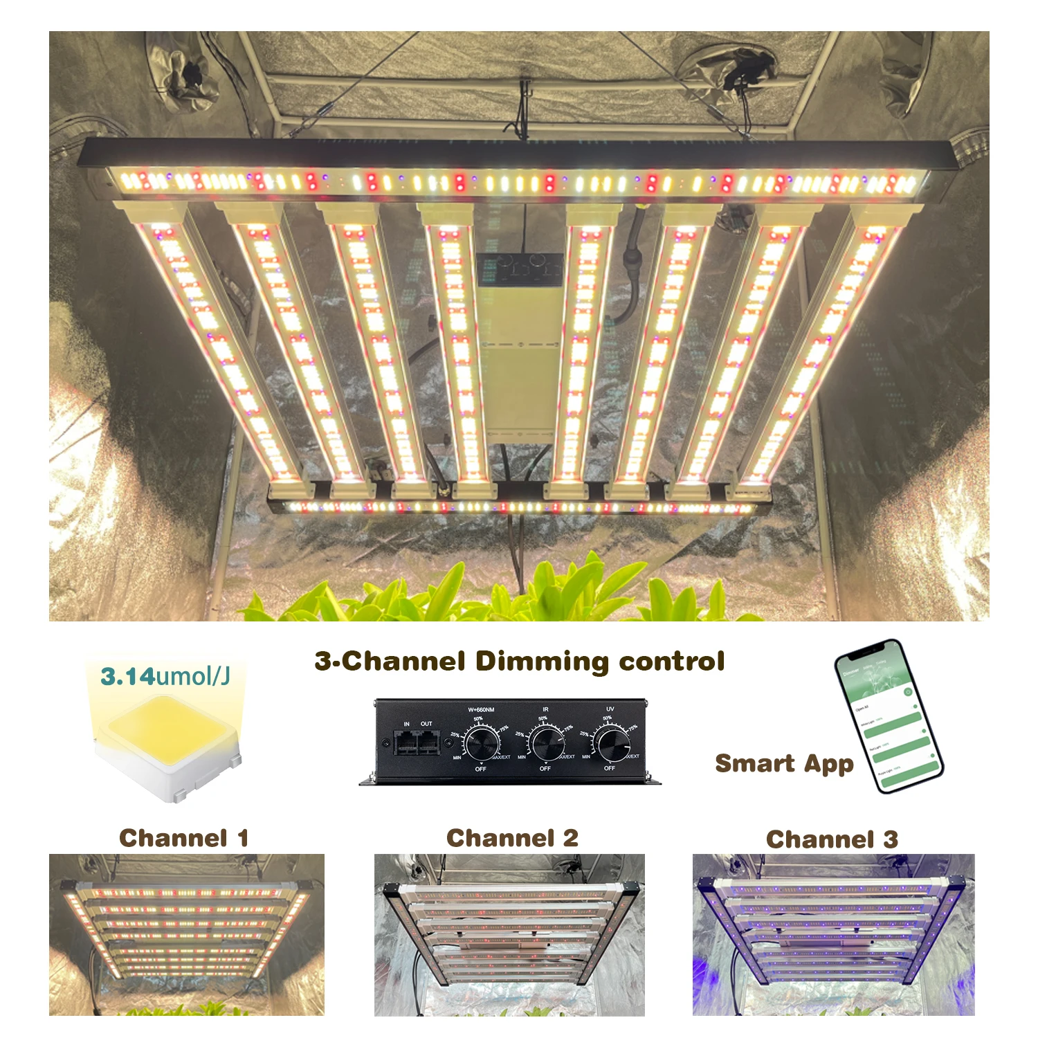 

2025 New LM301H Led Grow Light 650W Samsung Evo Mint White LM301B 3 Channel Indoor Full Spectrum Commercial Grow Light 600W