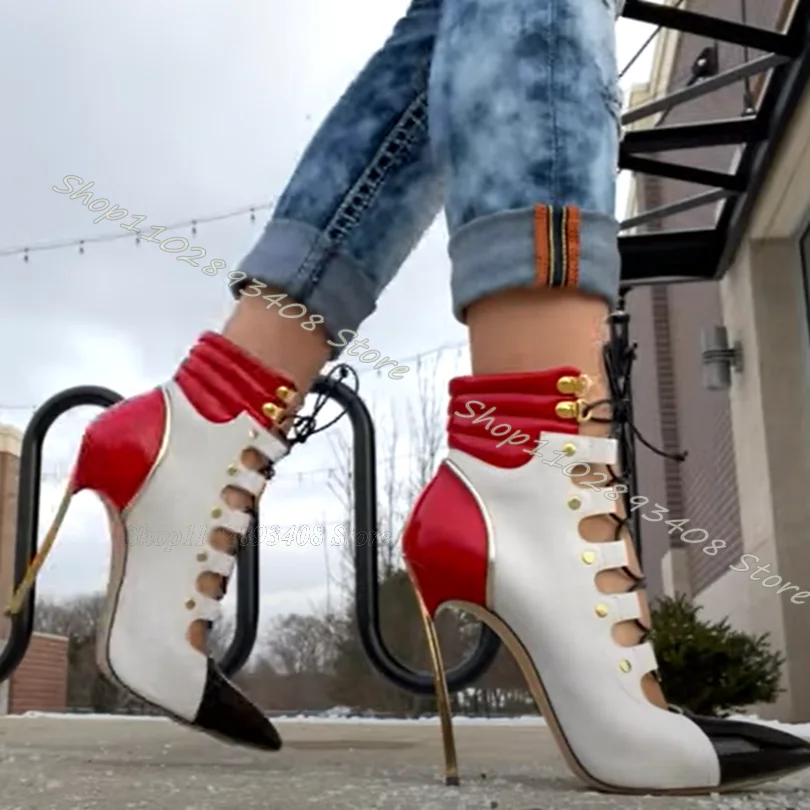 Mixed Patchwork Design Boots Lace up Pointed Toe Metal Stiletto Heels Shoes Fashion Women Dress Ankle Boots Zapatos Para Mujere