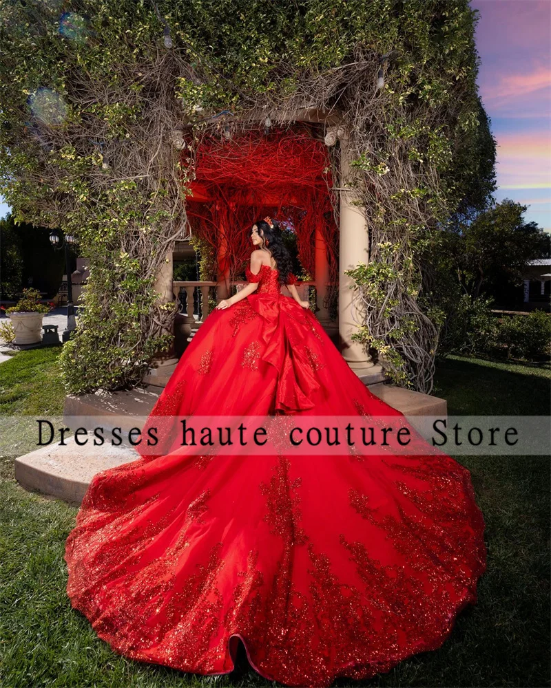 カスタマイズされたメキシコのQuinceaneraドレス,赤いレースのアップリケ,ボールガウン,ビーズのコルセット,弓,16ドレス,15歳,25歳,2025