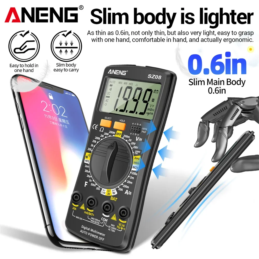 ANENG SZ08 Digital Multimeter Ultra-thin storage Professional Meter Auto Voltmeter AC DC 220V Resistance Handhold Testers