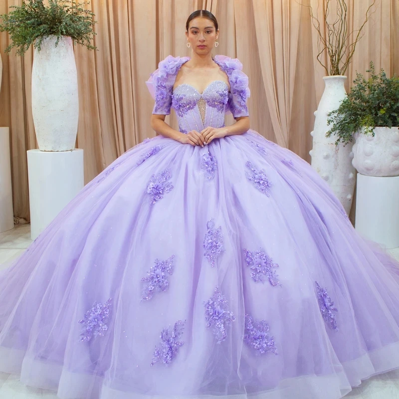 

Lavender Lilac Quinceanera Dress Off The Shoulder Lace Applique Sequins Beading Crystal Tull Mexican Sweet 16 Vestidos De XV 15