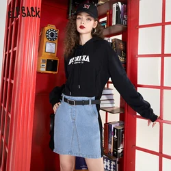 ELFSACK Spliced Hoodie Denim Dresses Women 2023 Spring New Casual Daily Dress