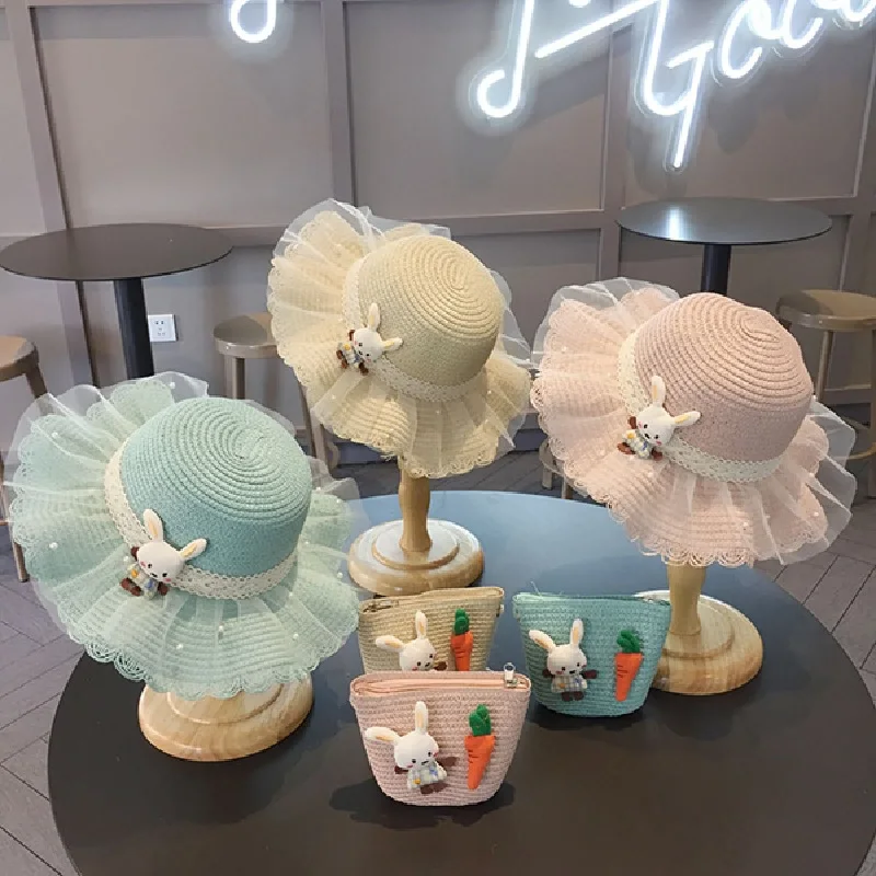 little girls summer straw sun hats and straw shoulder bags