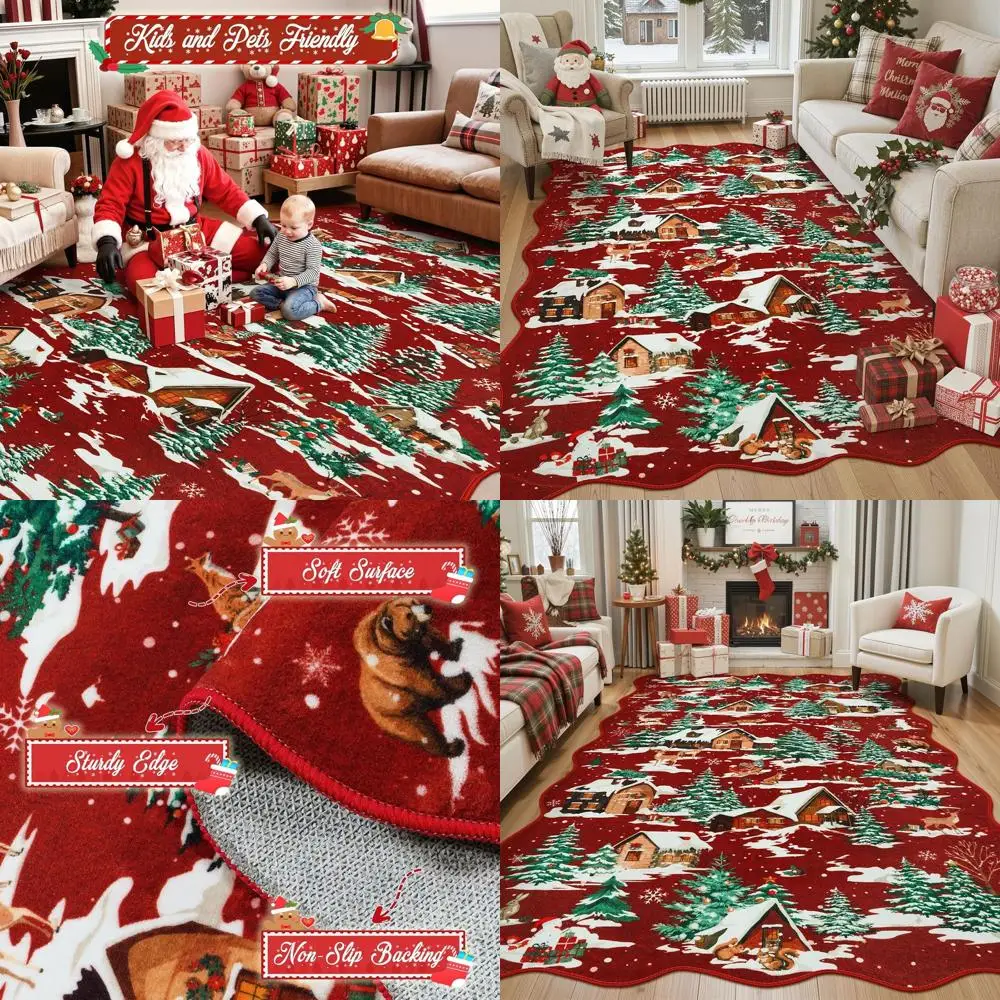 

Washable 5x7 Christmas Rugs, Red Living Room Area Rugs, Xmas Tree Bedroom Carpets, Scalloped Non-Slip Boho Dining Room Rugs, Ind
