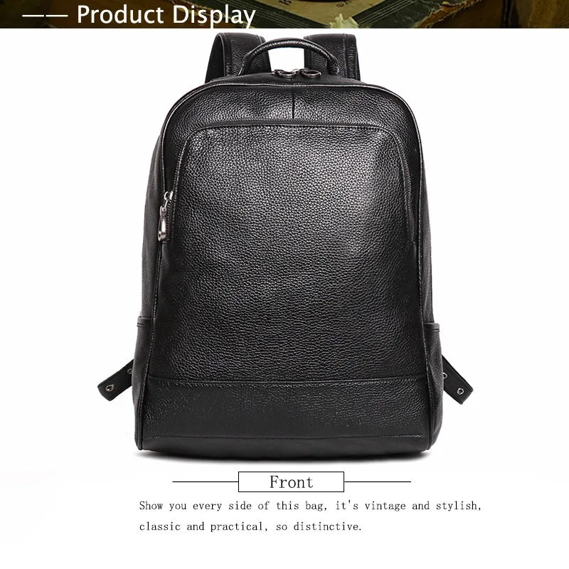 ROOG Classic Vintage Black Leather Backpack With A Spacious Design, Easily Fits A Laptop, Books, And Personal Items.