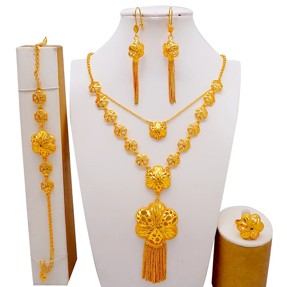 24K Gold Set | Vine-wrapped roses with pearls, beaded bracelet, inlaid ring, gentle elegance