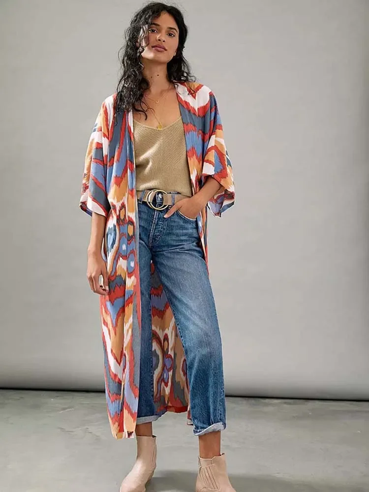 2023 Kimono plażowe Bikini Cover up Robe Beachwear Kaftan Long Dress Swimsuit Cover up Print Tunic for Beach Sarong Pareo Dress