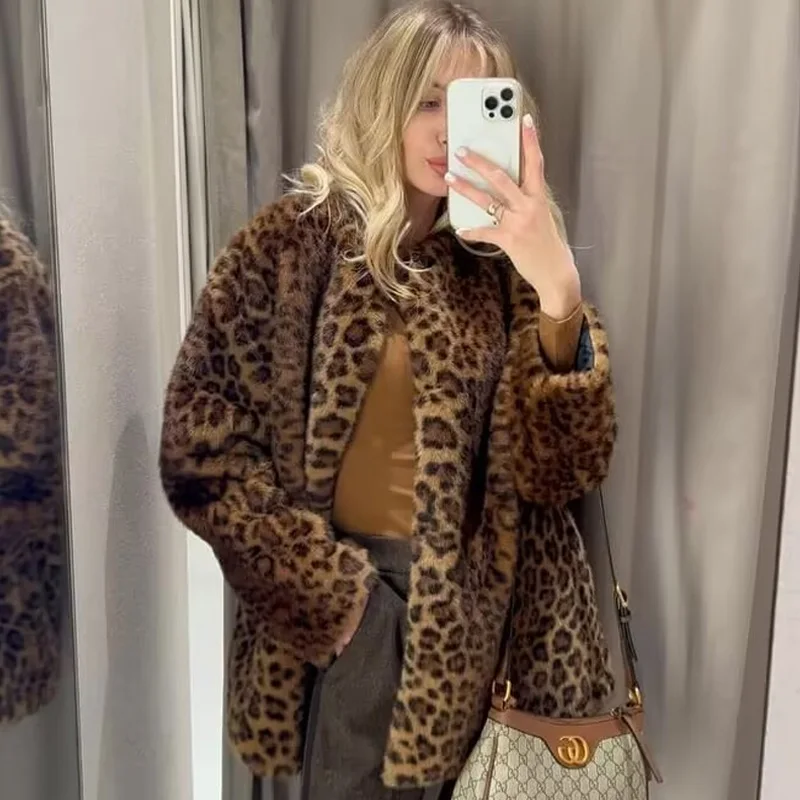 HXAO Leopard Faux Fur Coat Women Autumn Fluffy Plush Jacket Warm Winter Woman Coat New In Outerwears Outdoor Demi-Season Jacket