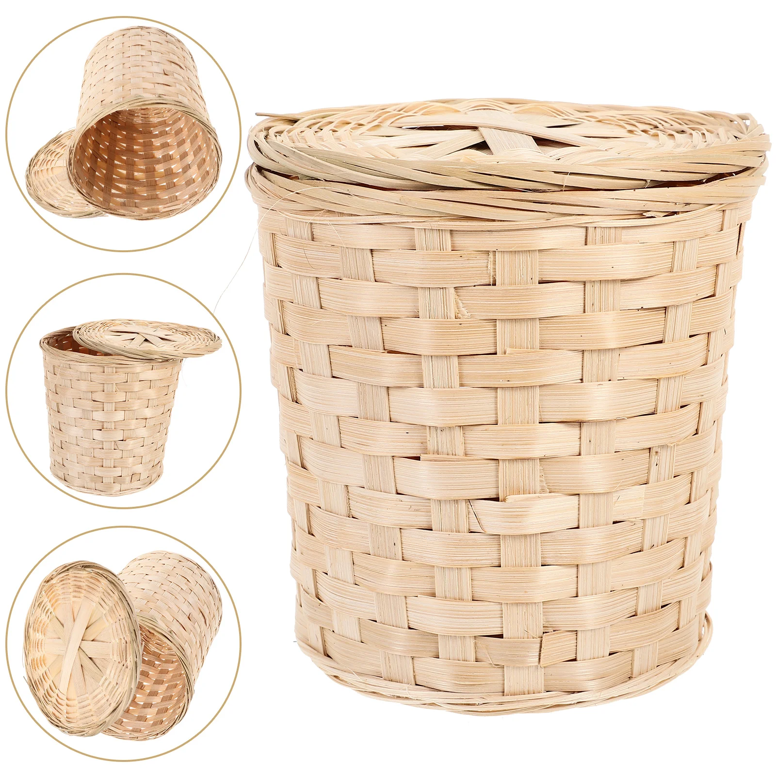 Luxshiny Rattan Round Waste Basket Lid Egg Basket Wicker Organizer Barrel Storage Tub Rattan Hamper Woven Trash Can Flower