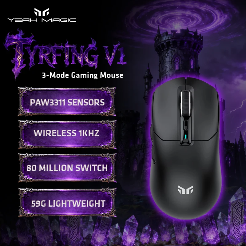 

Беспроводная игровая мышь Yeah Magic Tyrfing V1 PAW3311, 1 кГц, перезаряжаемая с зарядной док-станцией, геймерская мышь для ПК, длинная задержка для киберспорта