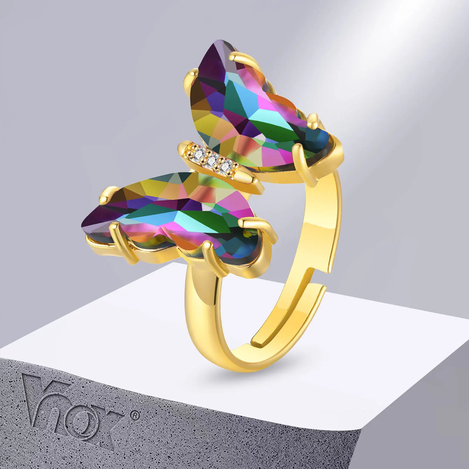 Vnox Butterfly Ring for Women, Resizable Adjustable Stainless Steel with Colorful Glass Butterfly Animal Jewelry