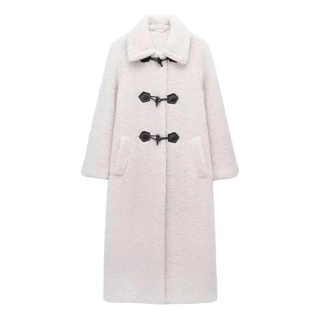 

New Women Fashion White Horn Button Coat Vintage Lapel Neck Long Sleeves Female Winter Chic Casual Thick Warm Fleece Overcoat