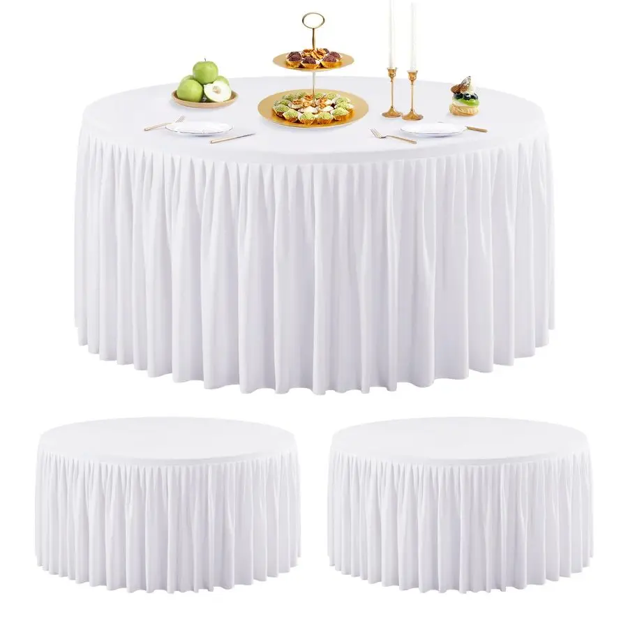 

2 Packs 6FT Round Tablecloth 72 Inch, White Stretchy Fitted Table Cloths, Wrinkle Resistant Polyester Table Cover with Pleated R
