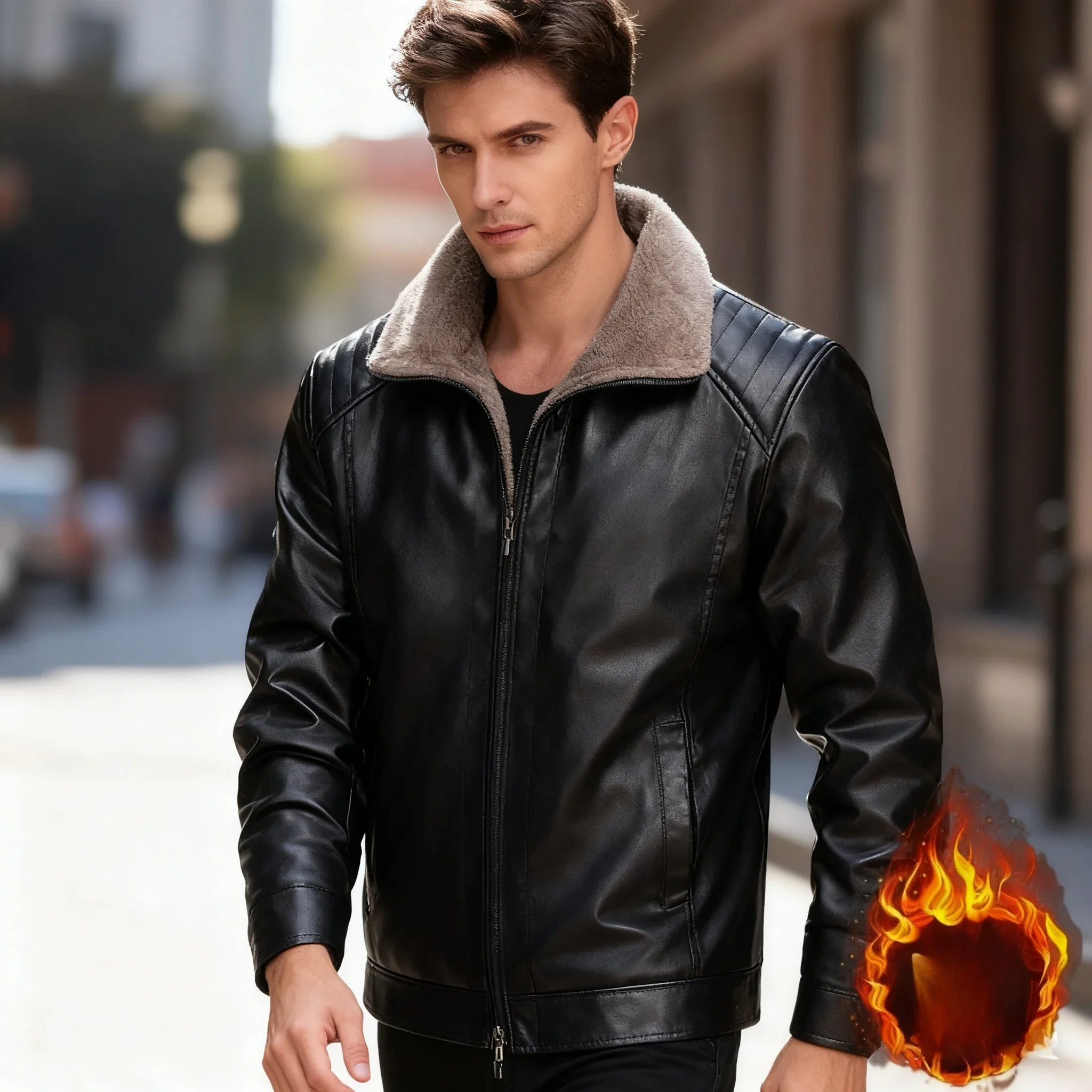 

Men Leather Jacket Winter Fleece Lined Biker Jackets Fashion Motorcycle Jacket Faux Leather Coat Outwear Casual Streetwear