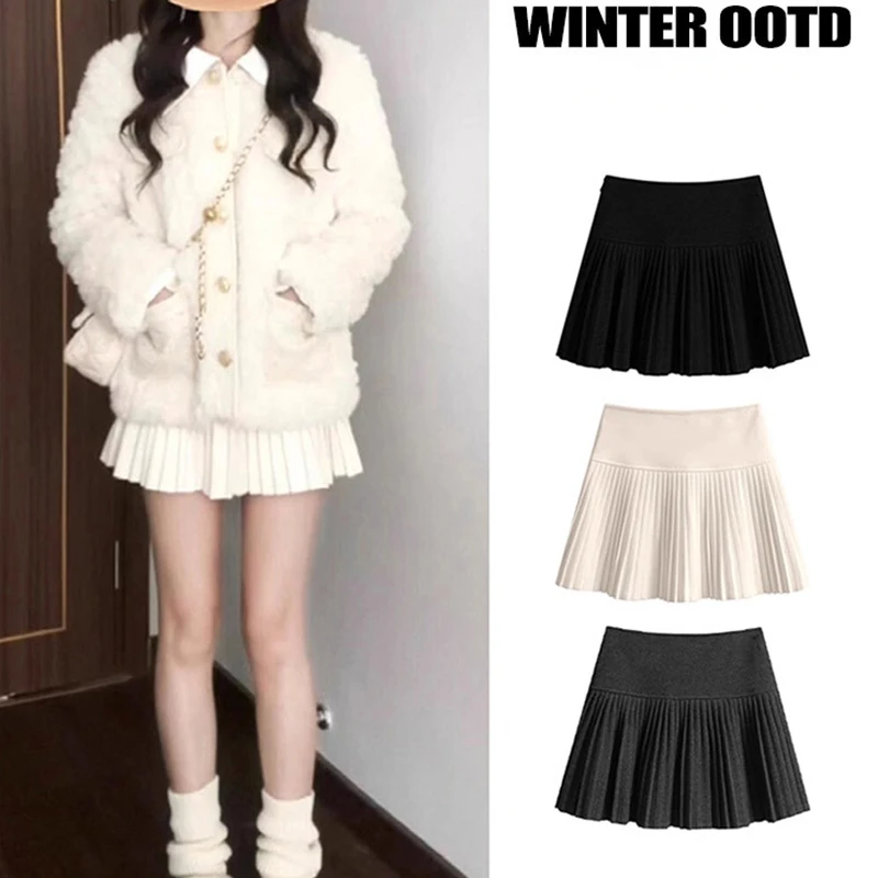Women Korean Woolen Pleated Skirts Autumn Basic Solid Color High Waist A-Line Short Skirt Elegant College Style Mini Skirts Girl