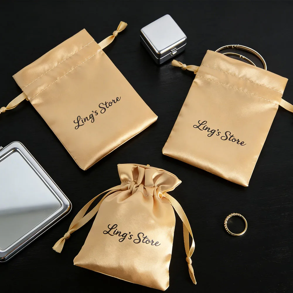 

50Pcs Custom Logo Gold Satin Silk Jewelry Drawstring Bag with Ribbon Earring Bracelet Packaging Organizer Pouches Wedding Favors
