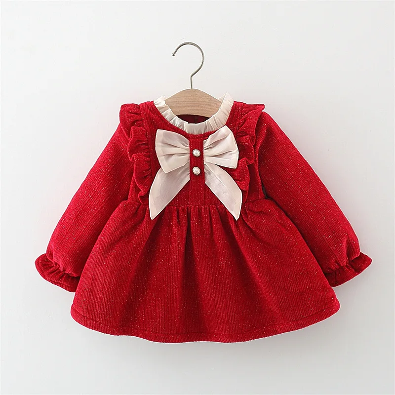 Winter Baby Girl Clothes Korean Cute Bow Mesh Fleece Warm Long Sleeve Red Birthday Dresses Newborn Princess Luxury Dress BC847