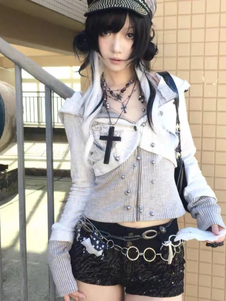 Autumn Japanese Y2k Retro Hooded Sweatshirts Women's Punk Subculture Patchwork Knit Cardigan 2000s Streetwear Print Clothes New